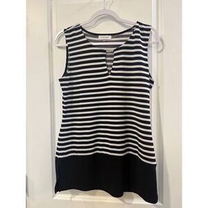 Calvin Klein Womens Black White Striped Keyhole Sleeveless Shell Top Small